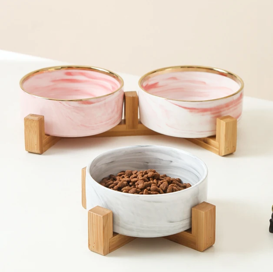 Pet Ceramic bowl with gold trimming (double bowls with wooden stand))