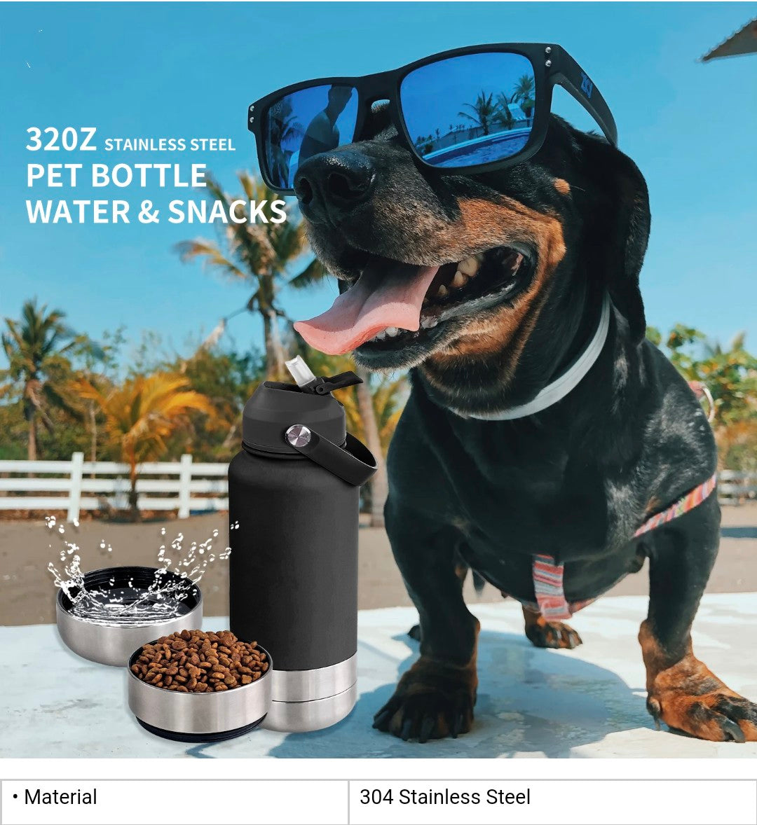 Portable Pet Water Bottle 32 oz with feeding and drink bowls