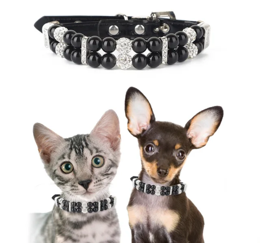 Set of 2 Premium Beaded Pet Collars,Black and Silver